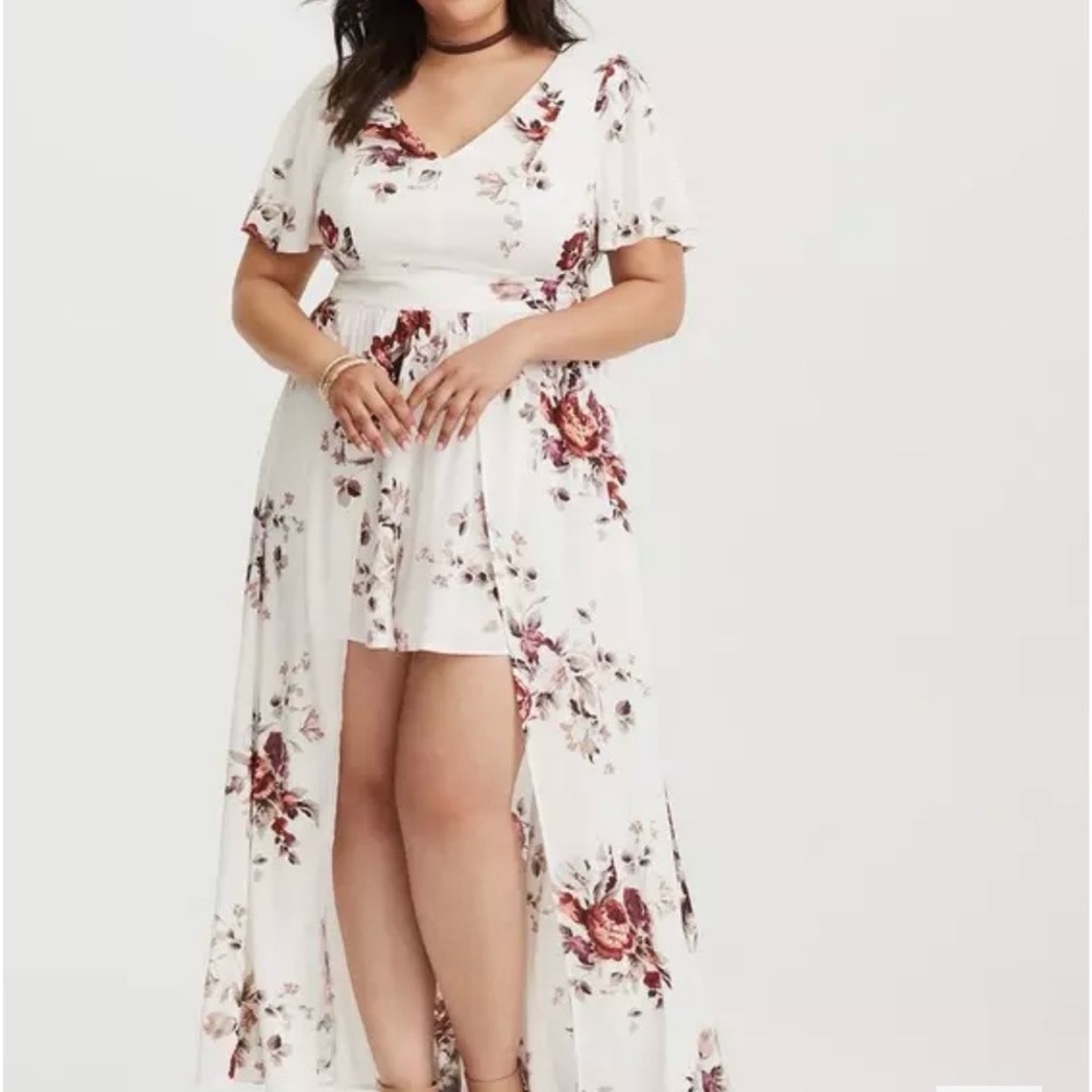 Torrid White and Purple Floral Romper with Flowy Skirt